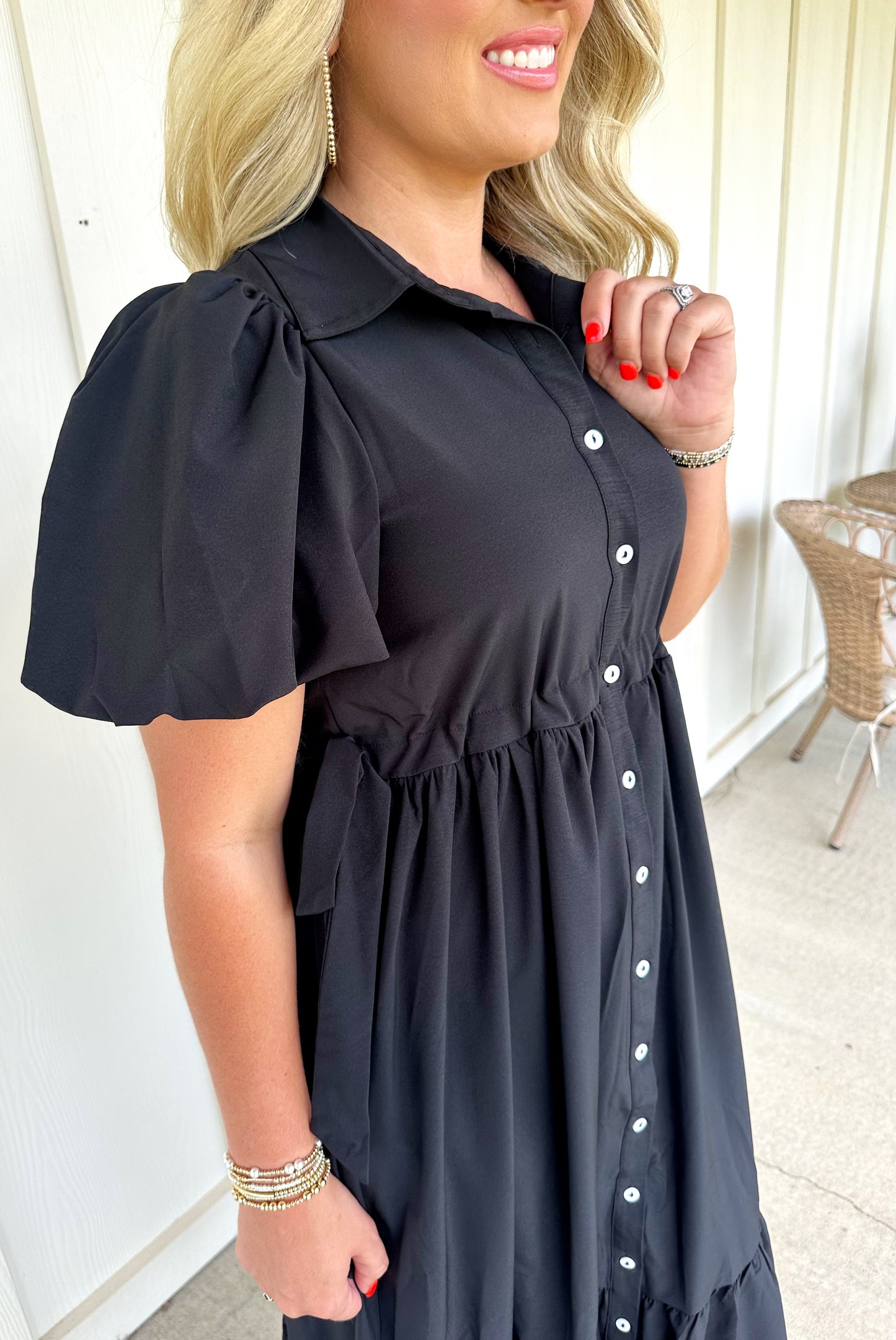 Black Solid Side Tie Midi Dress