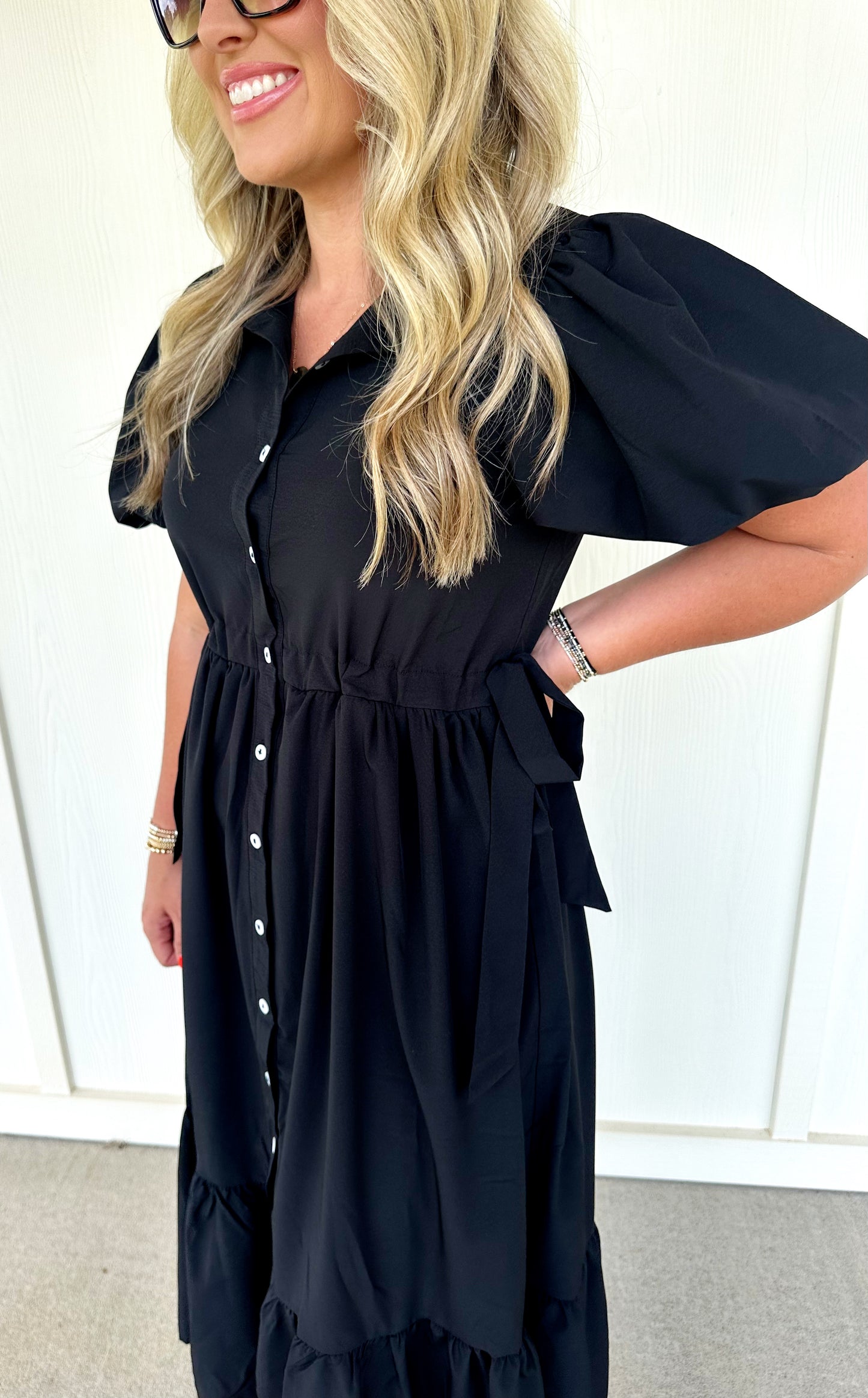 Black Solid Side Tie Midi Dress