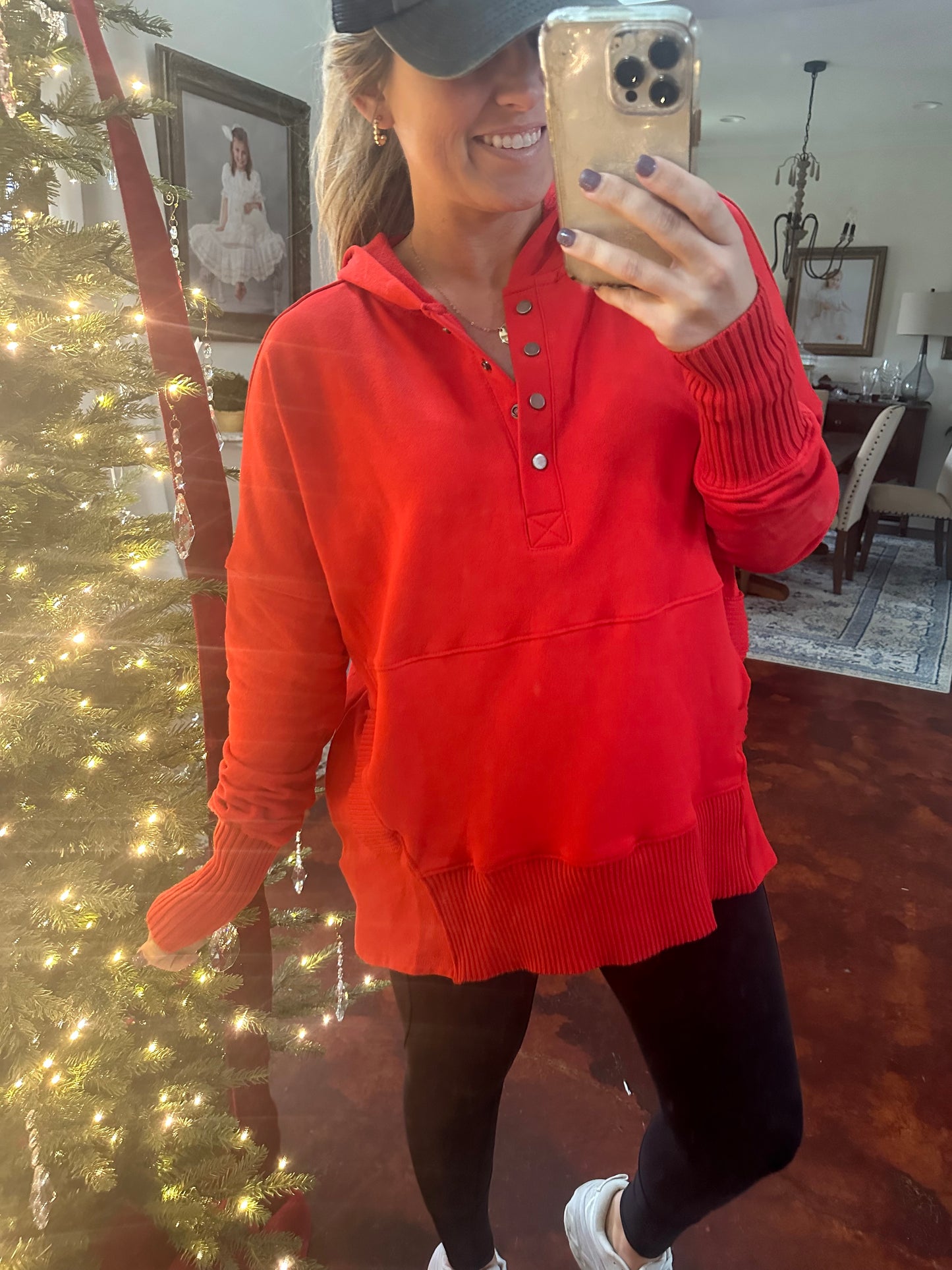 Red Button Hoodie Top