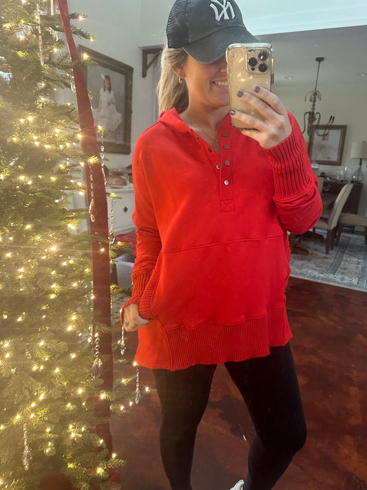 Red Button Hoodie Top