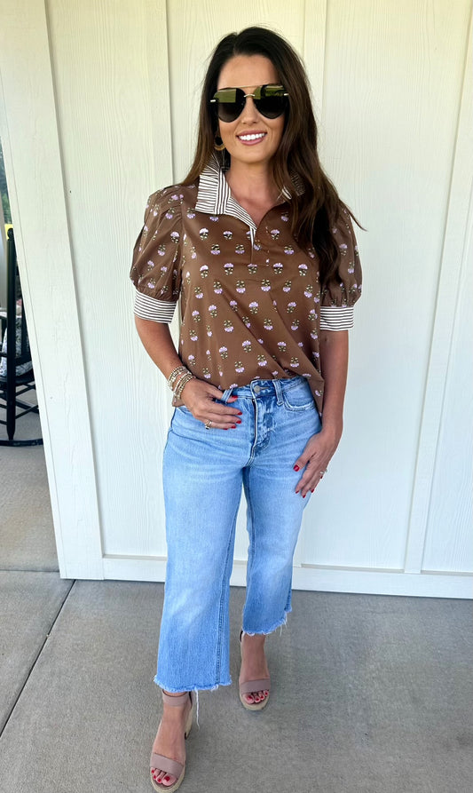 Brown Striped Flower Top