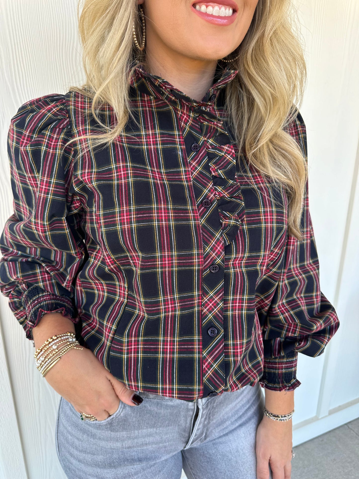 Navy Plaid Ruffle Top