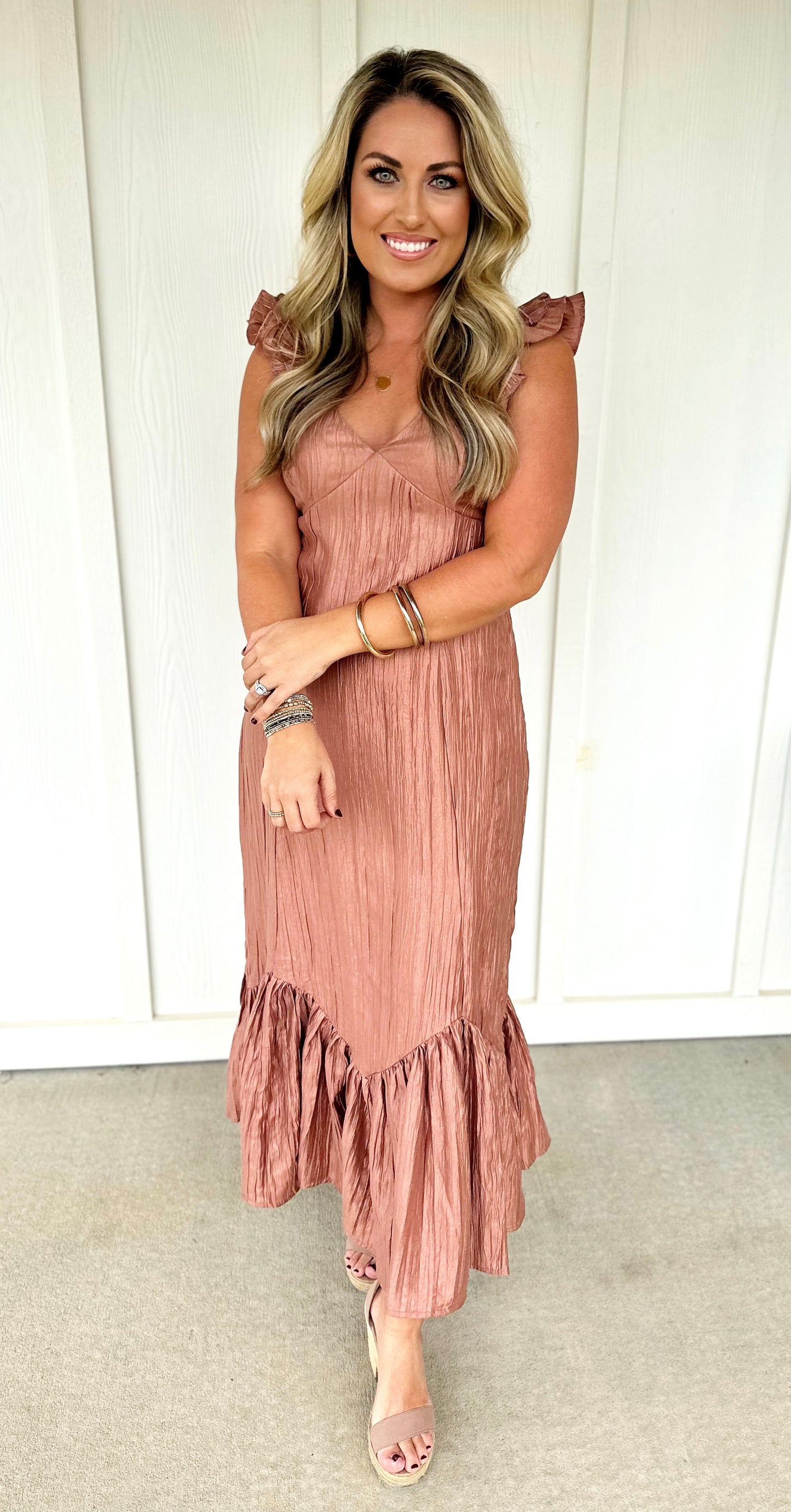 Brick Ruffle Shoulder Dress
