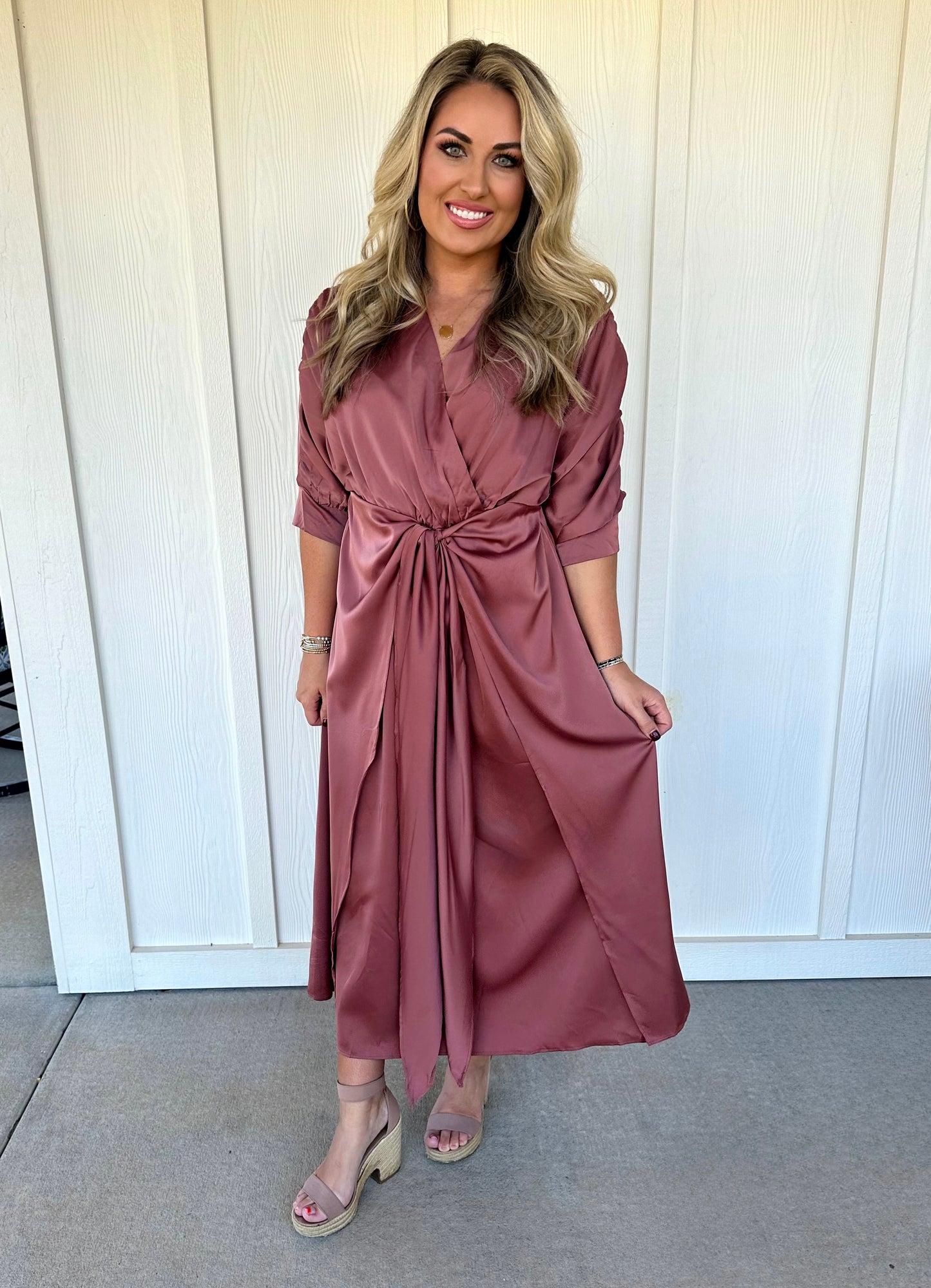 Dark Mauve V Neck Front Tie Midi Dress