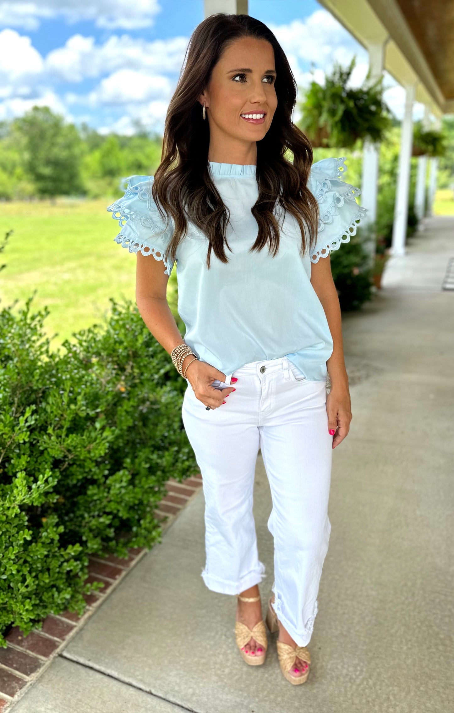 Sky Blue Ric Rac Cap Sleeve Top