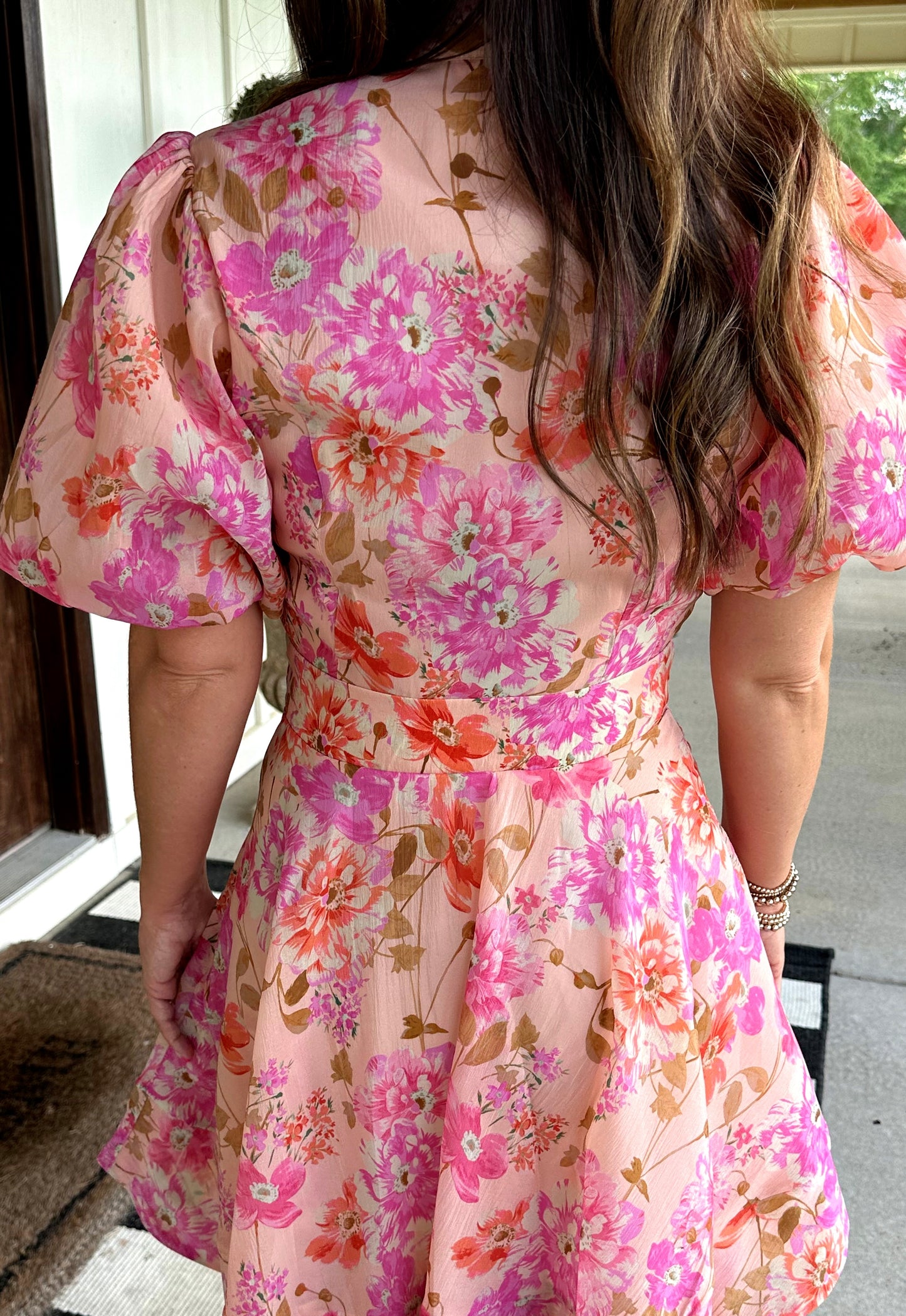 Peachy Floral Bubble Sleeve Dress