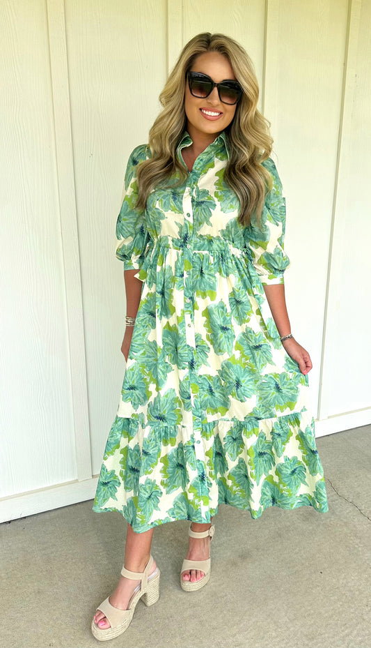 Green Floral Button Down Side Tie Dress