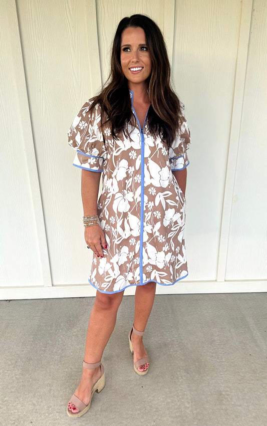 Taupe/Blue Floral Print Dress
