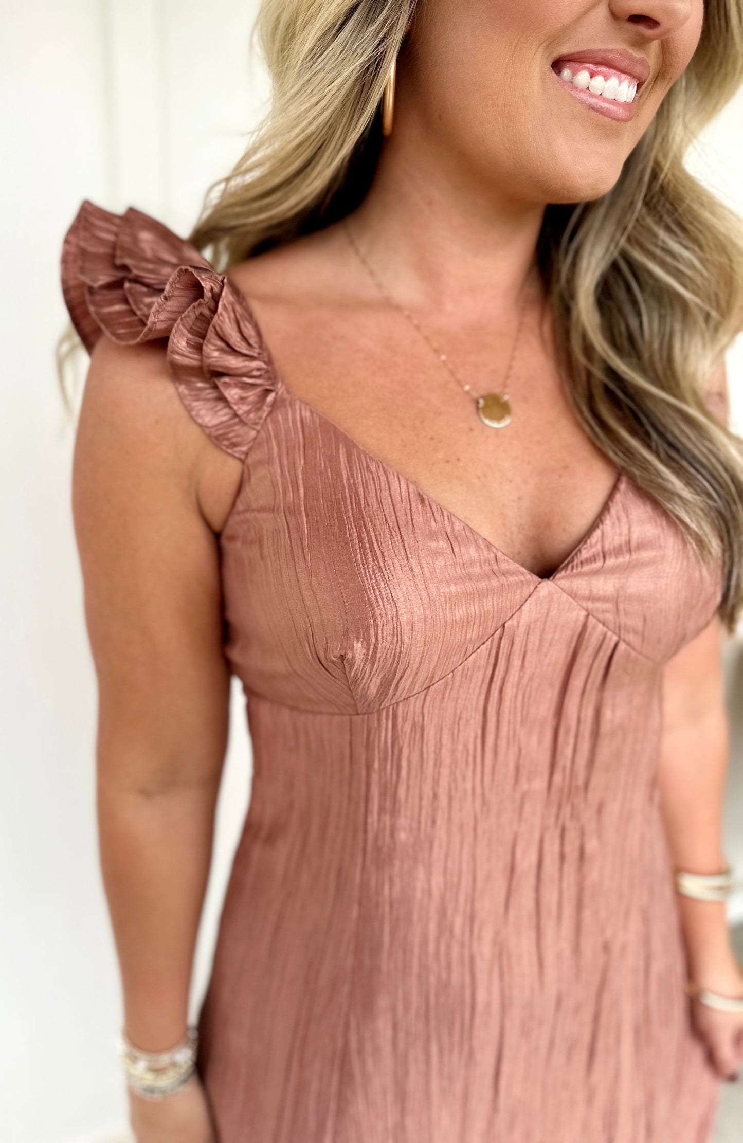 Brick Ruffle Shoulder Dress