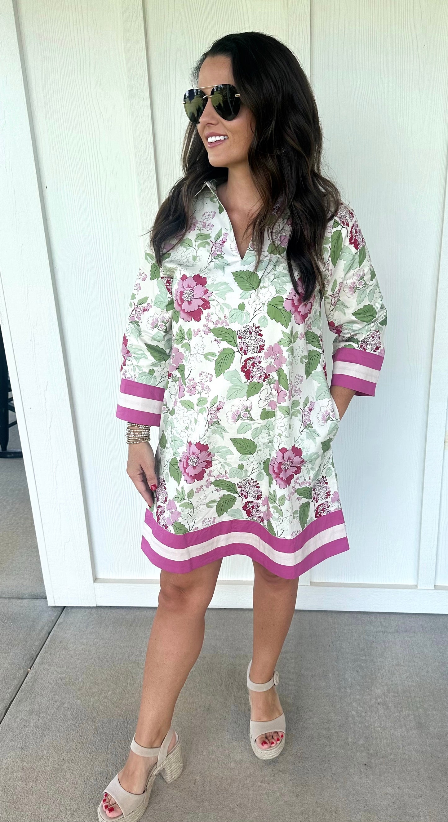 Pink Accent Band Floral Dress