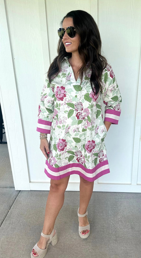 Pink Accent Band Floral Dress