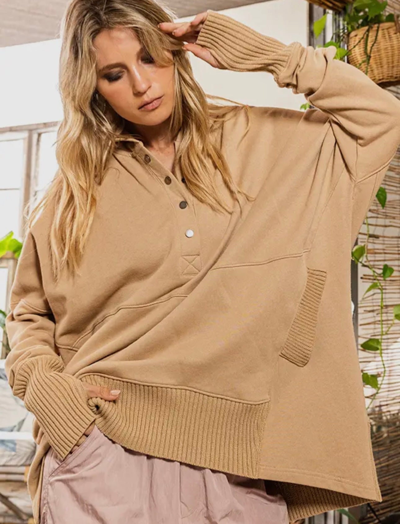 Red Button Hoodie Top