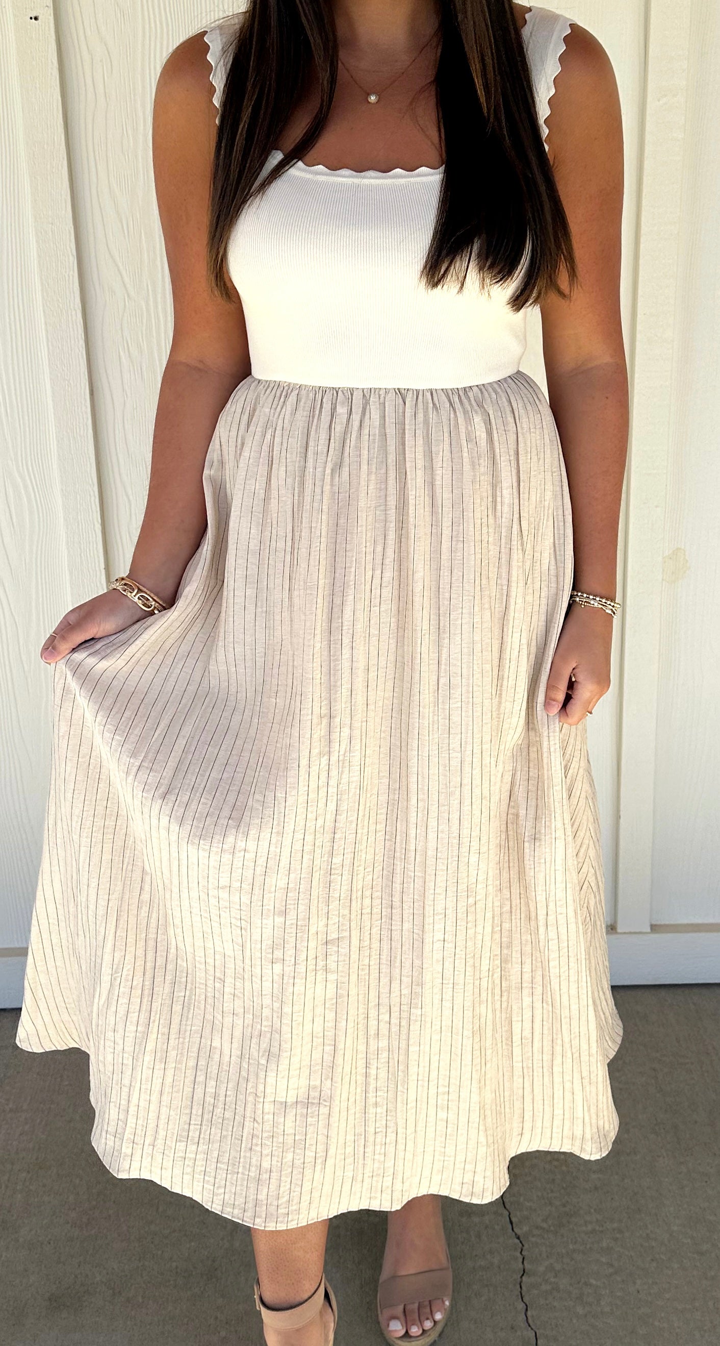 Ecru and Black Striped Midi