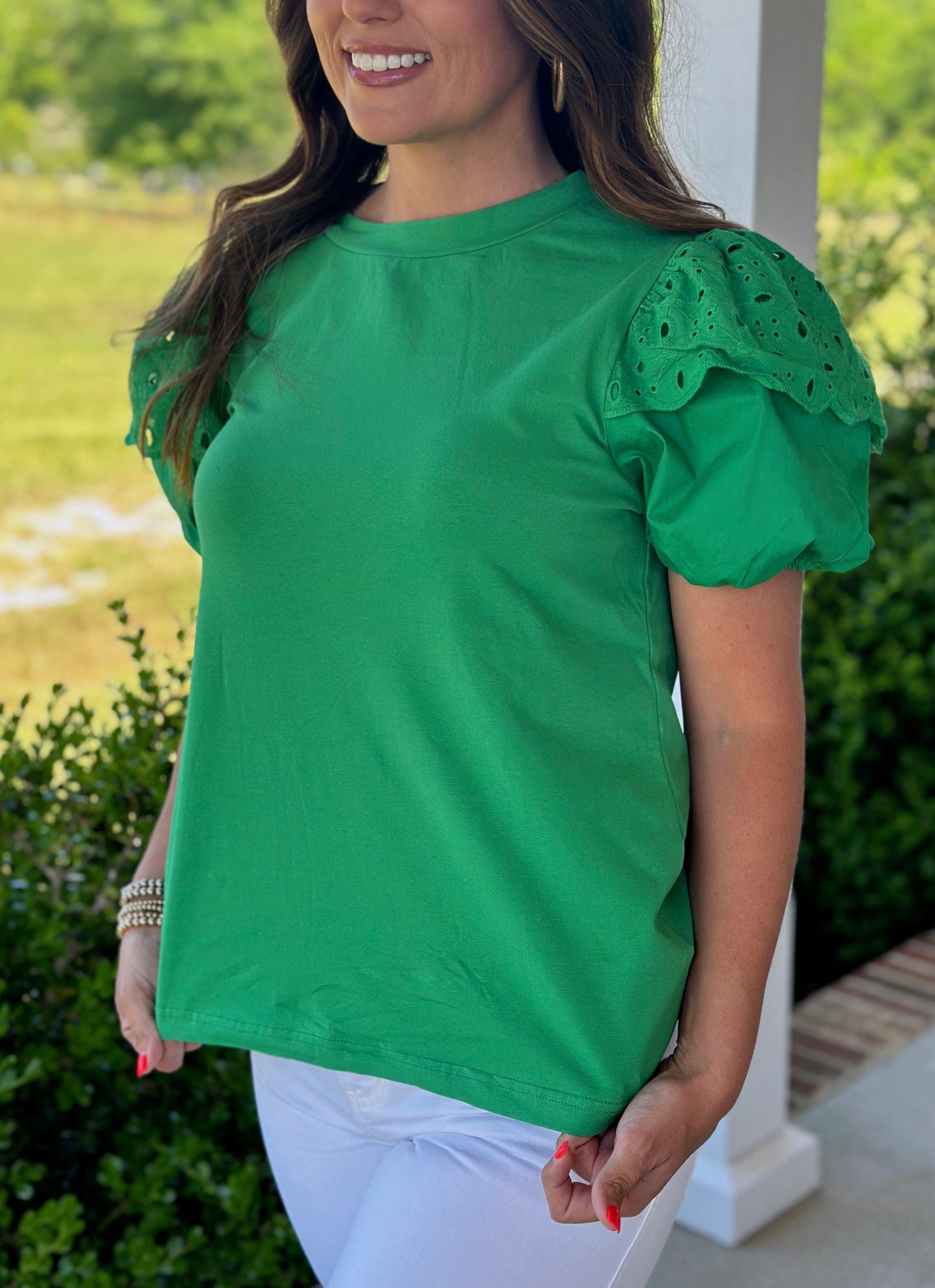 Green Embroidered Puff Sleeve Top