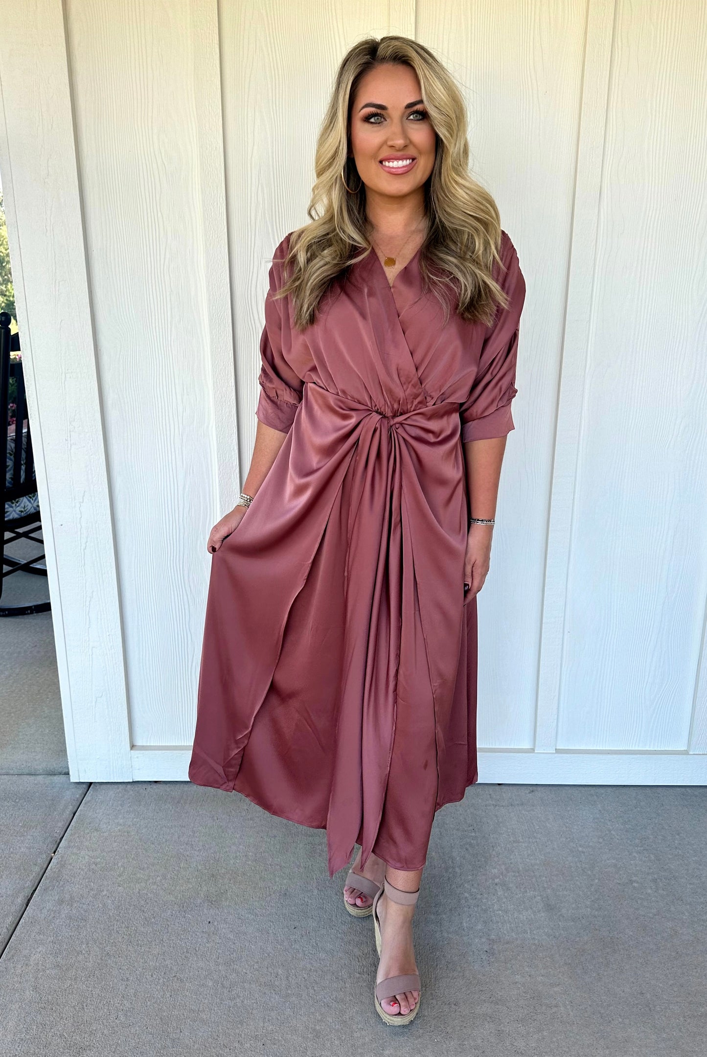 Dark Mauve V Neck Front Tie Midi Dress