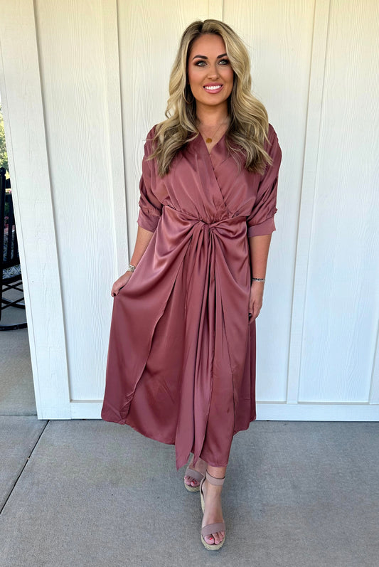 Dark Mauve V Neck Front Tie Midi Dress
