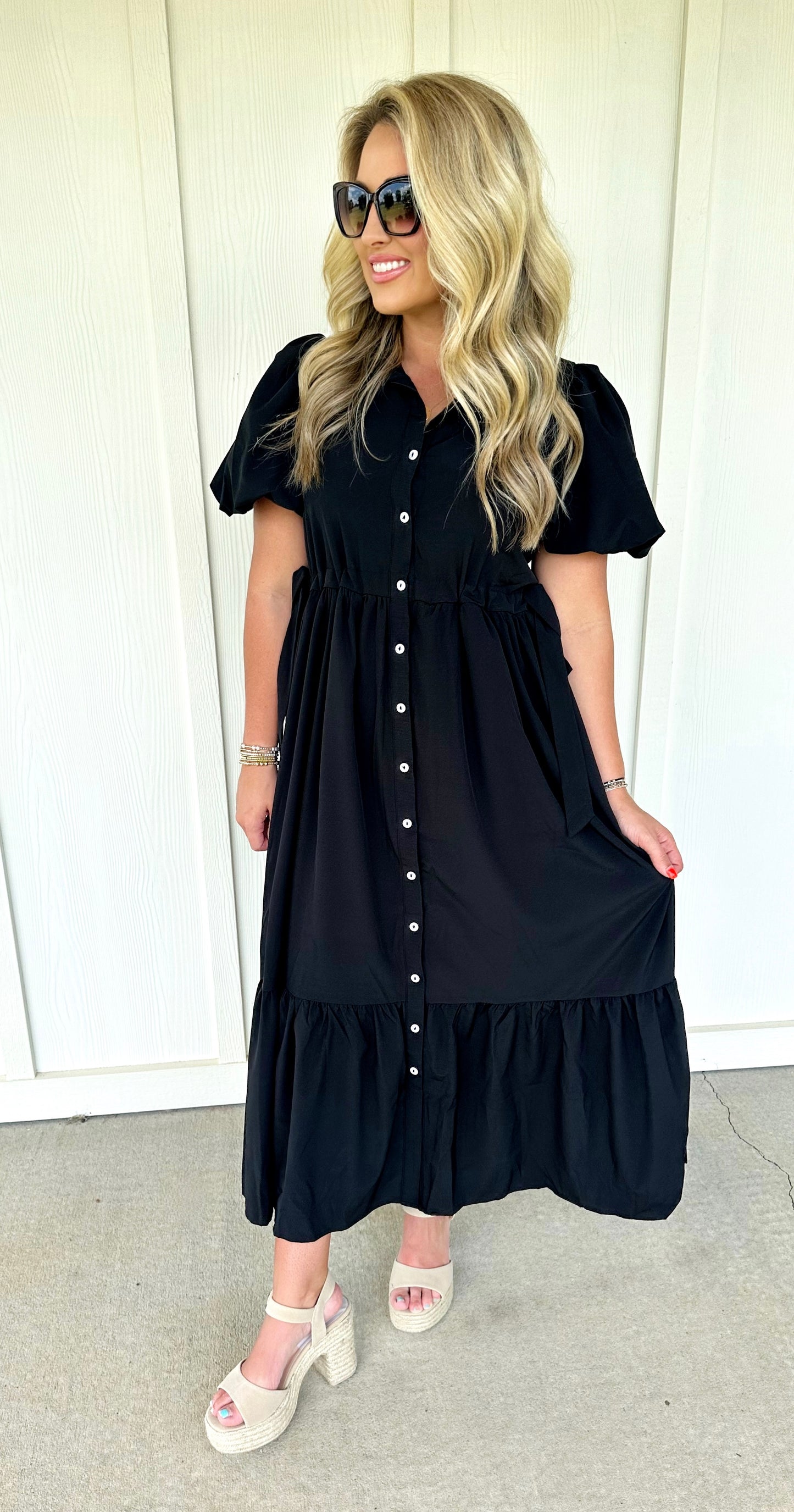 Black Solid Side Tie Midi Dress