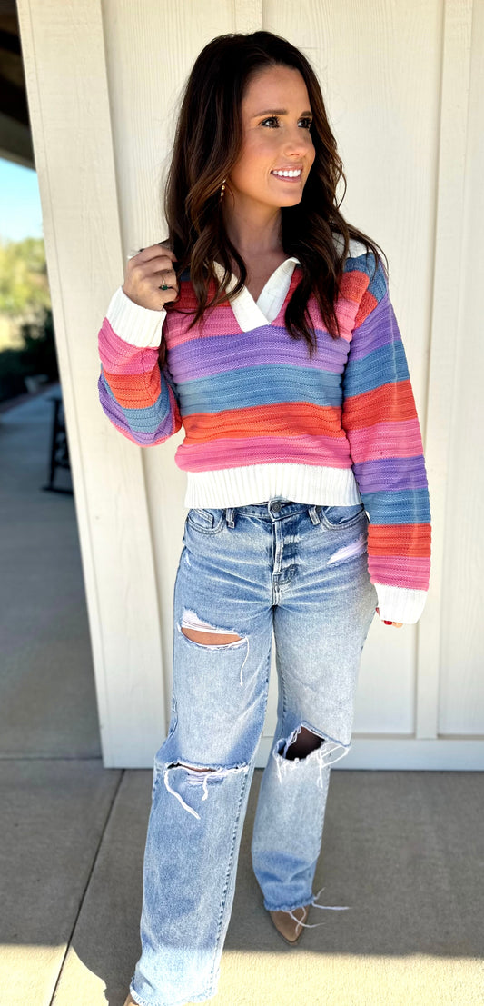 Bright Striped Collared Sweater