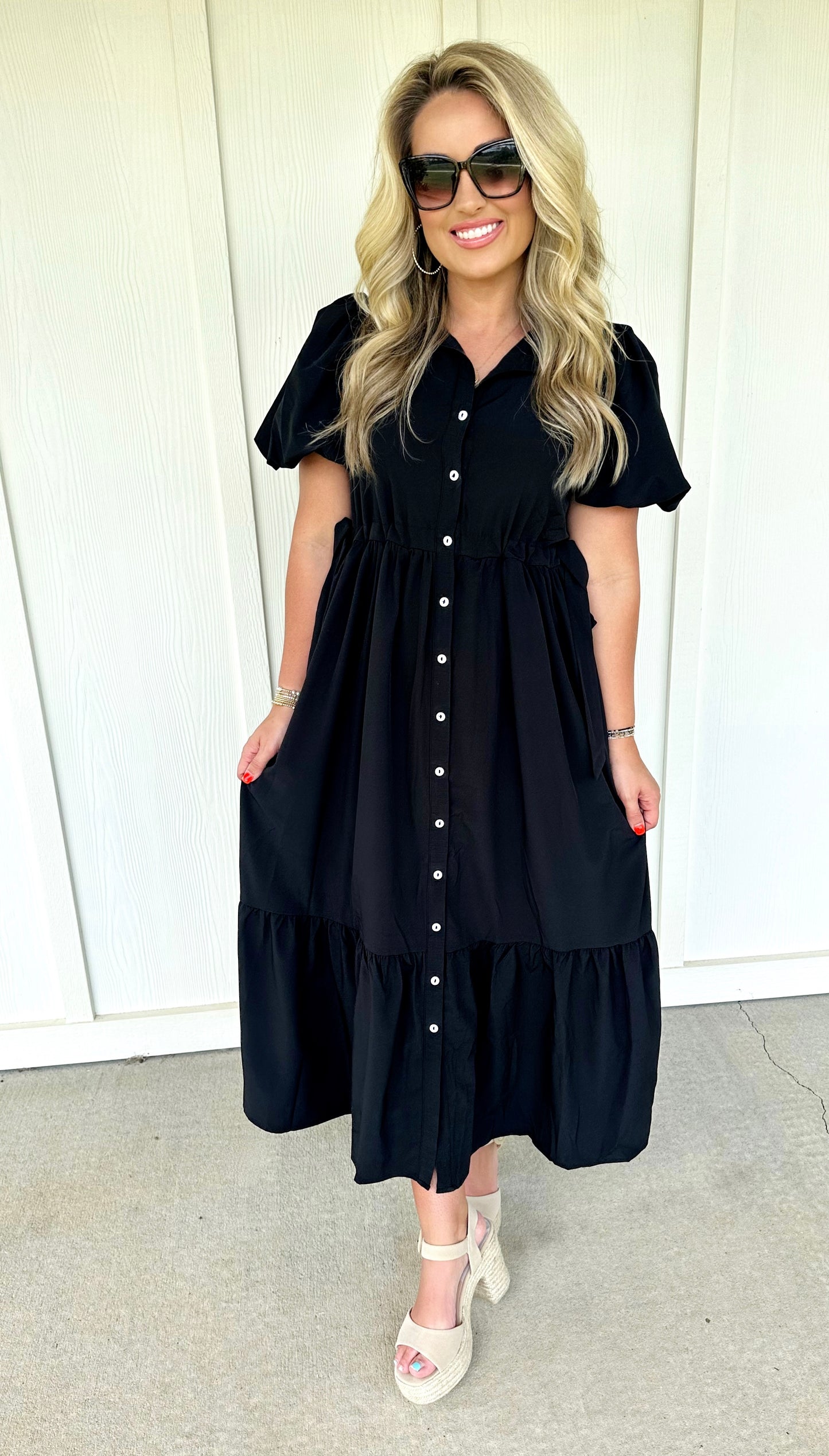Black Solid Side Tie Midi Dress
