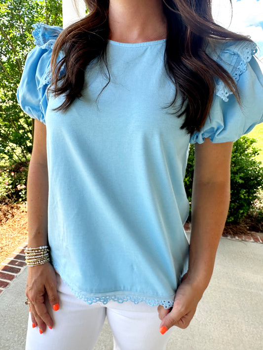 Blue Solid Puffed Short Sleeve Top