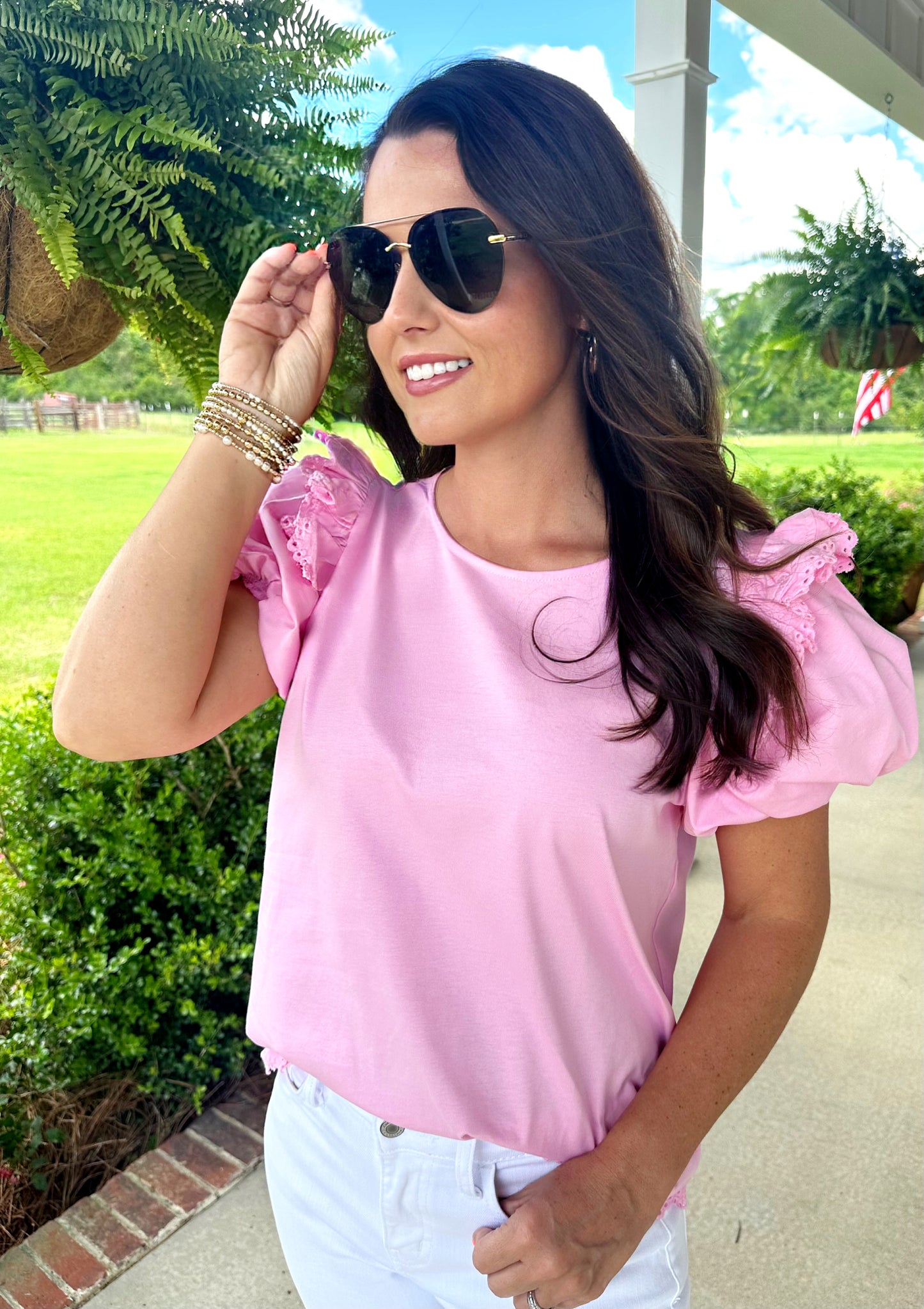 Pink Solid Puffed Short Sleeve Top