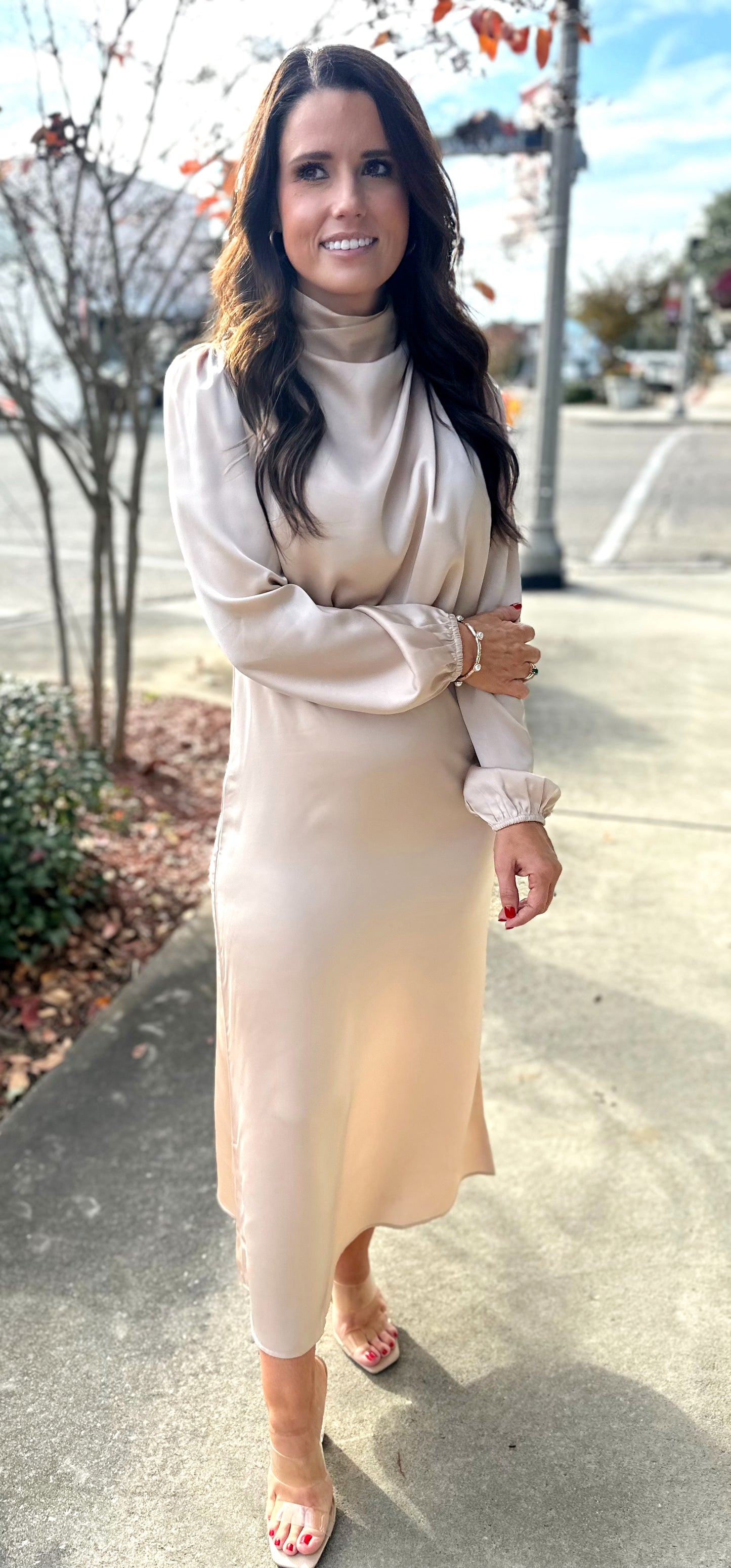 Satin Long Sleeve Loose Midi Dress (2 Colors)