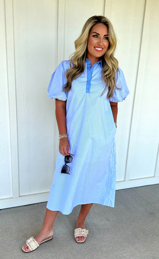 Blue Collar Striped Midi Shirt Dress