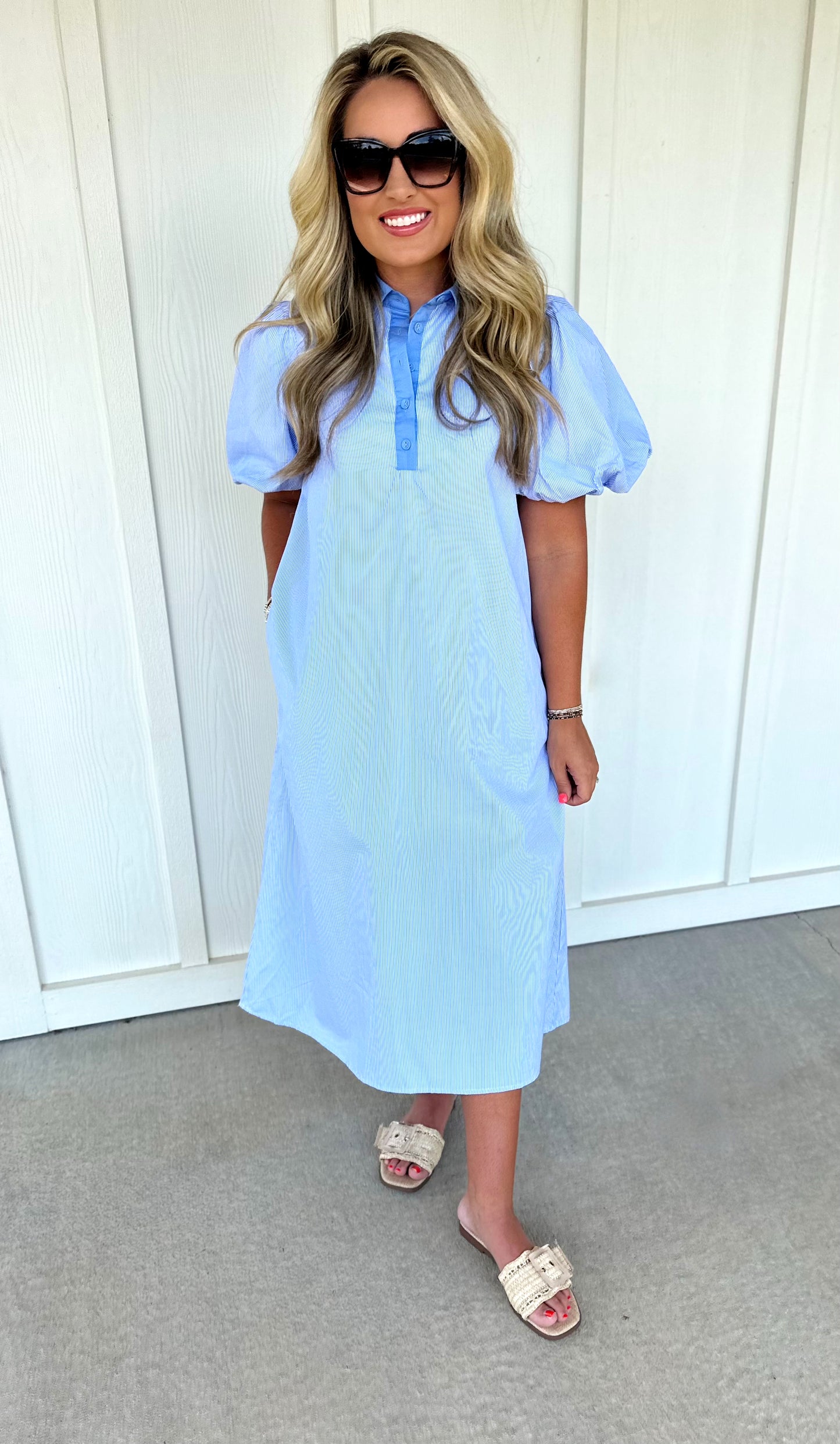 Blue Collar Striped Midi Shirt Dress