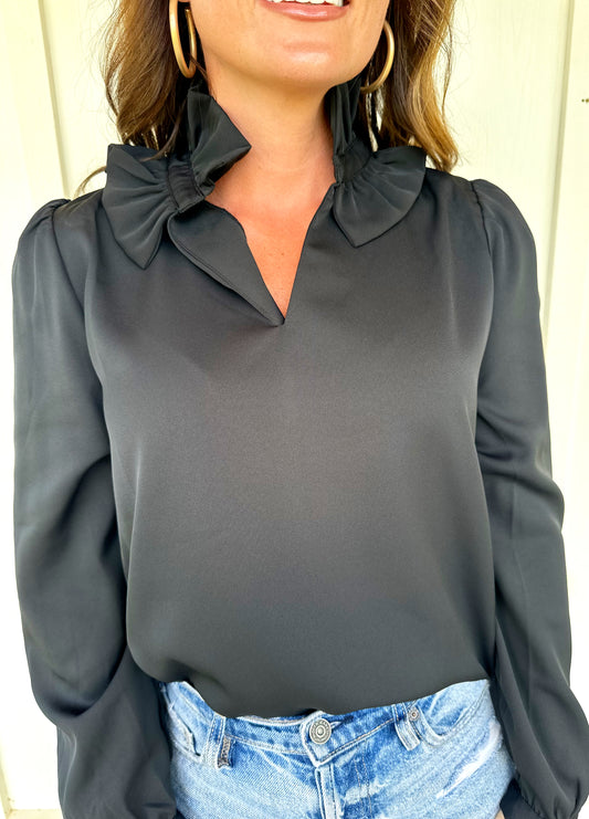 Black/Toast High Neck Ruffle Top