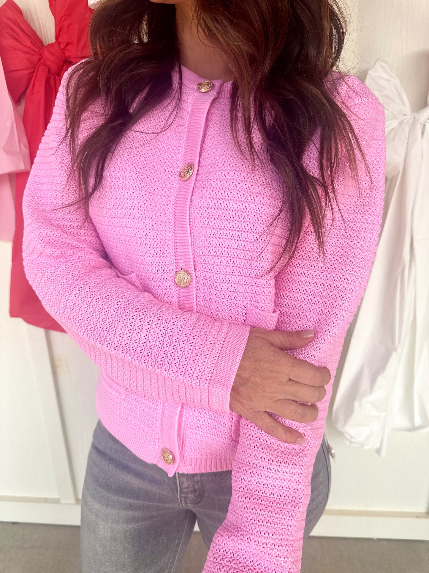 Pink Cardigan Gold Accents