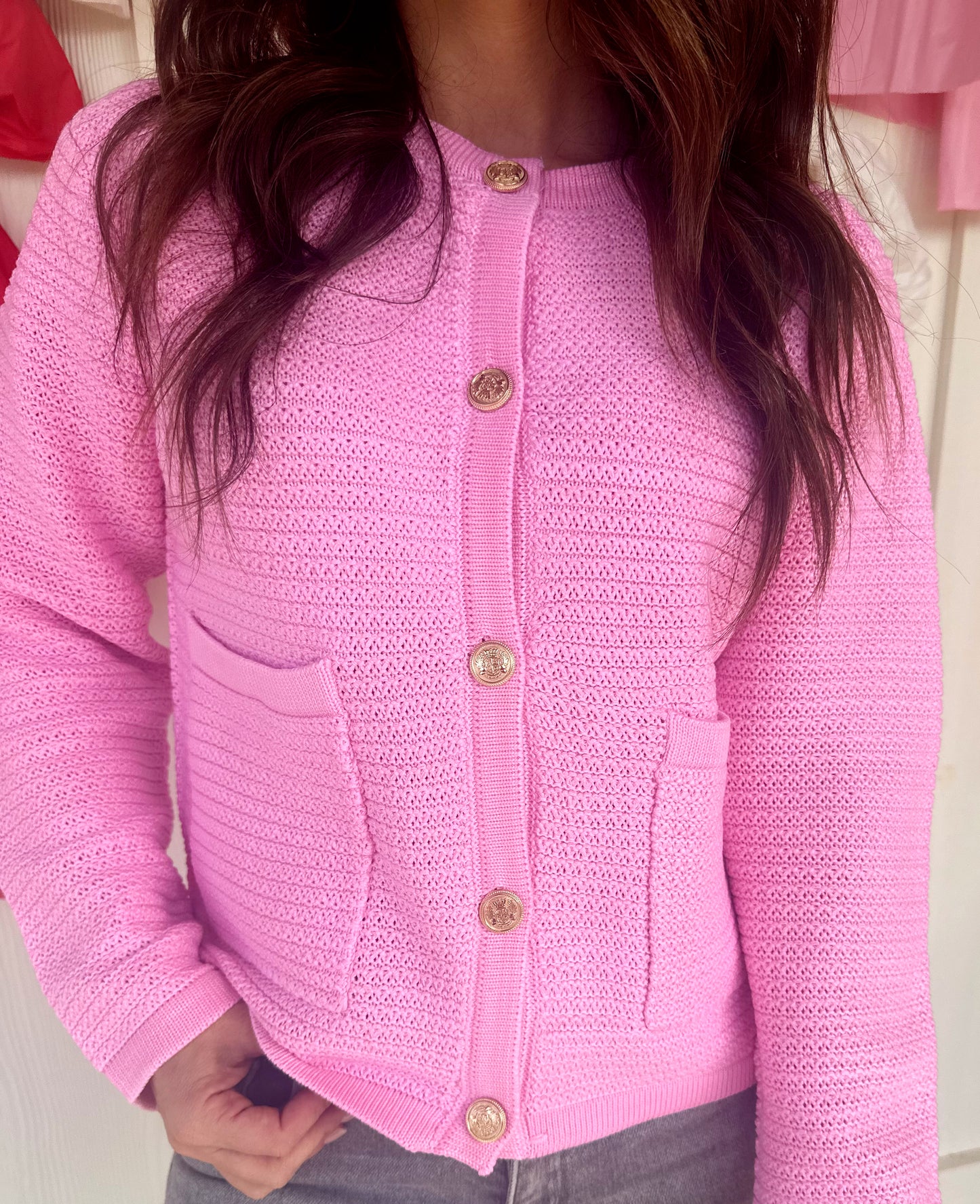 Pink Cardigan Gold Accents
