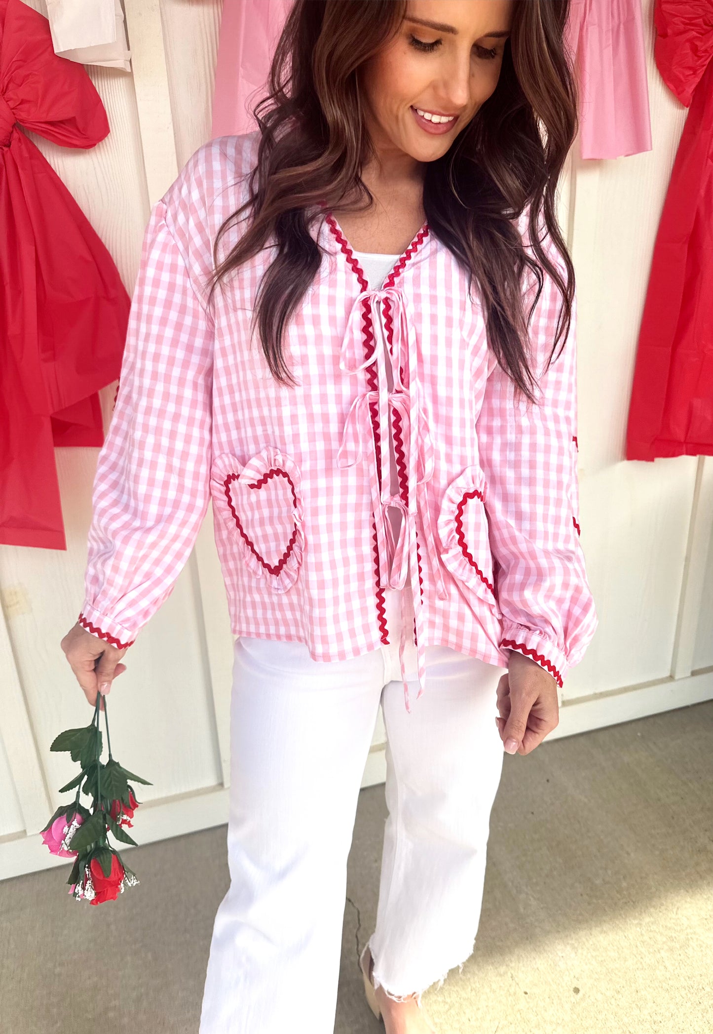 Pink Gingham Heart Pocket Top