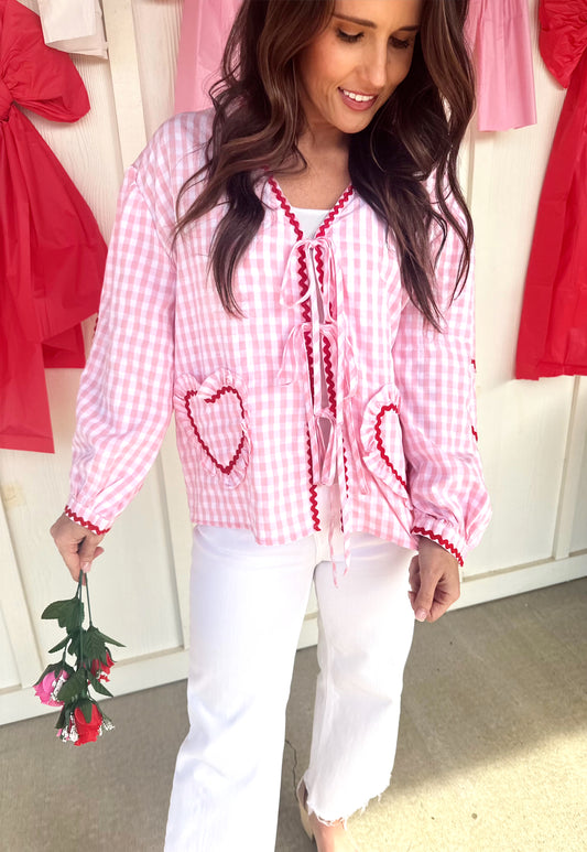Pink Gingham Heart Pocket Top