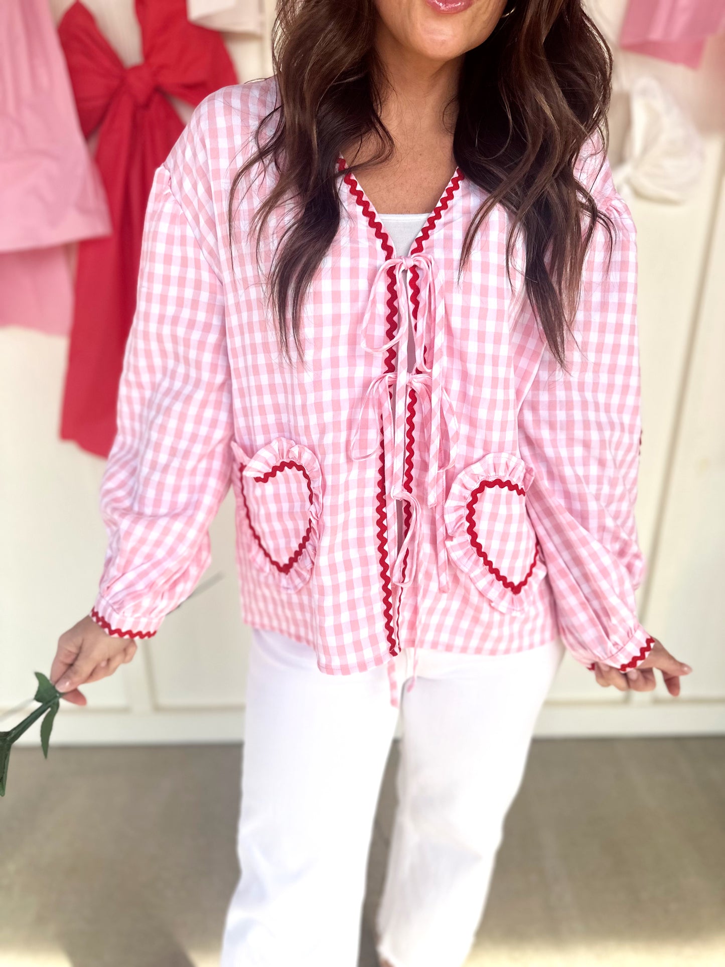 Pink Gingham Heart Pocket Top
