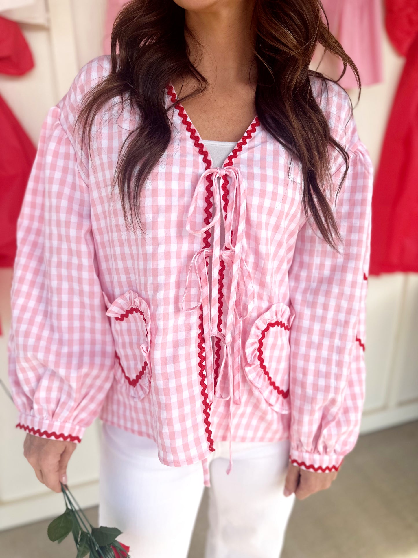 Pink Gingham Heart Pocket Top