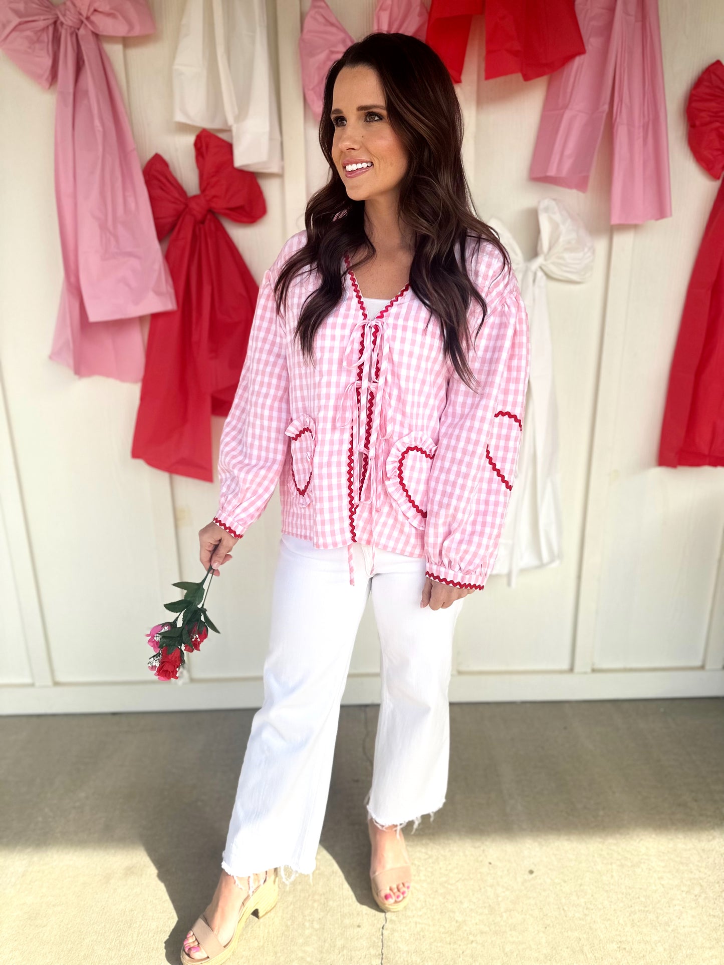 Pink Gingham Heart Pocket Top