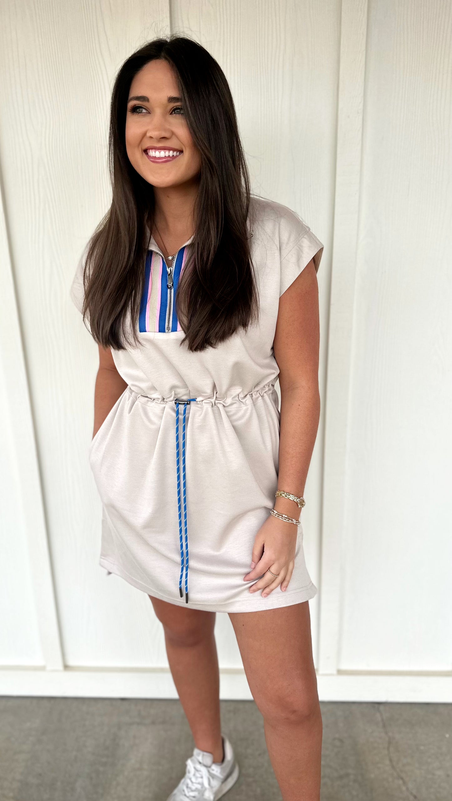 Light Taupe Blue Drawstring Dress