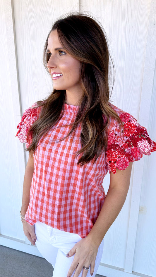 THML Textured Sleeve Gingham Top