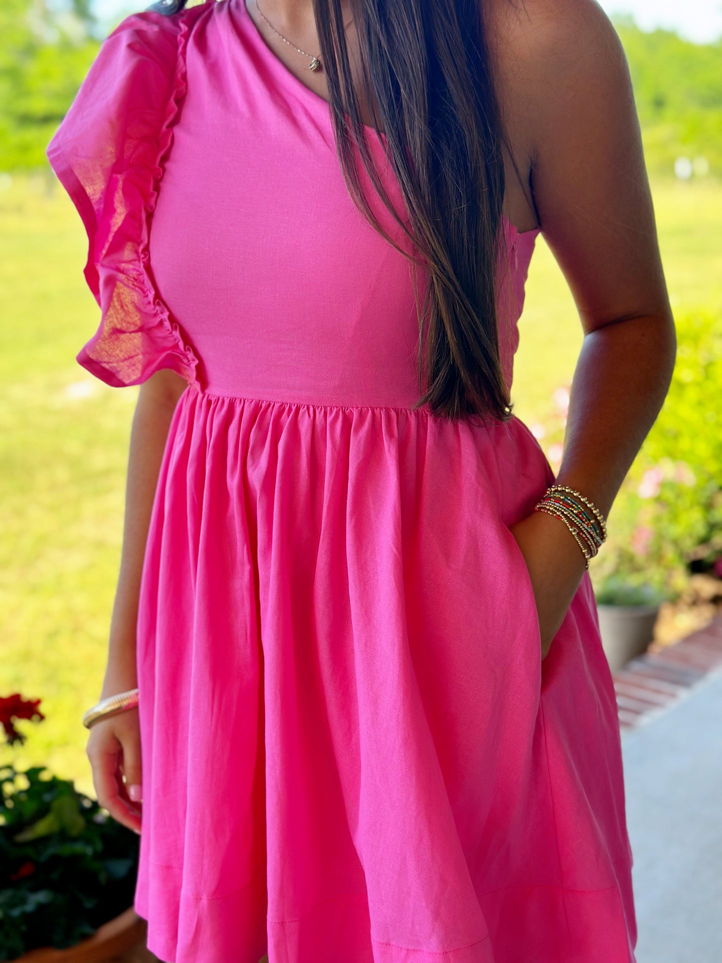 Pink One Shoulder Ruffle Dress