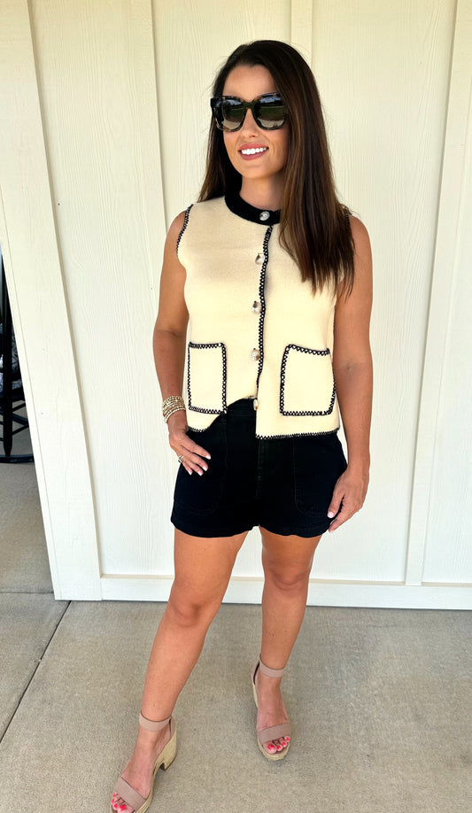 Solid Cream Front Button Sweater Top