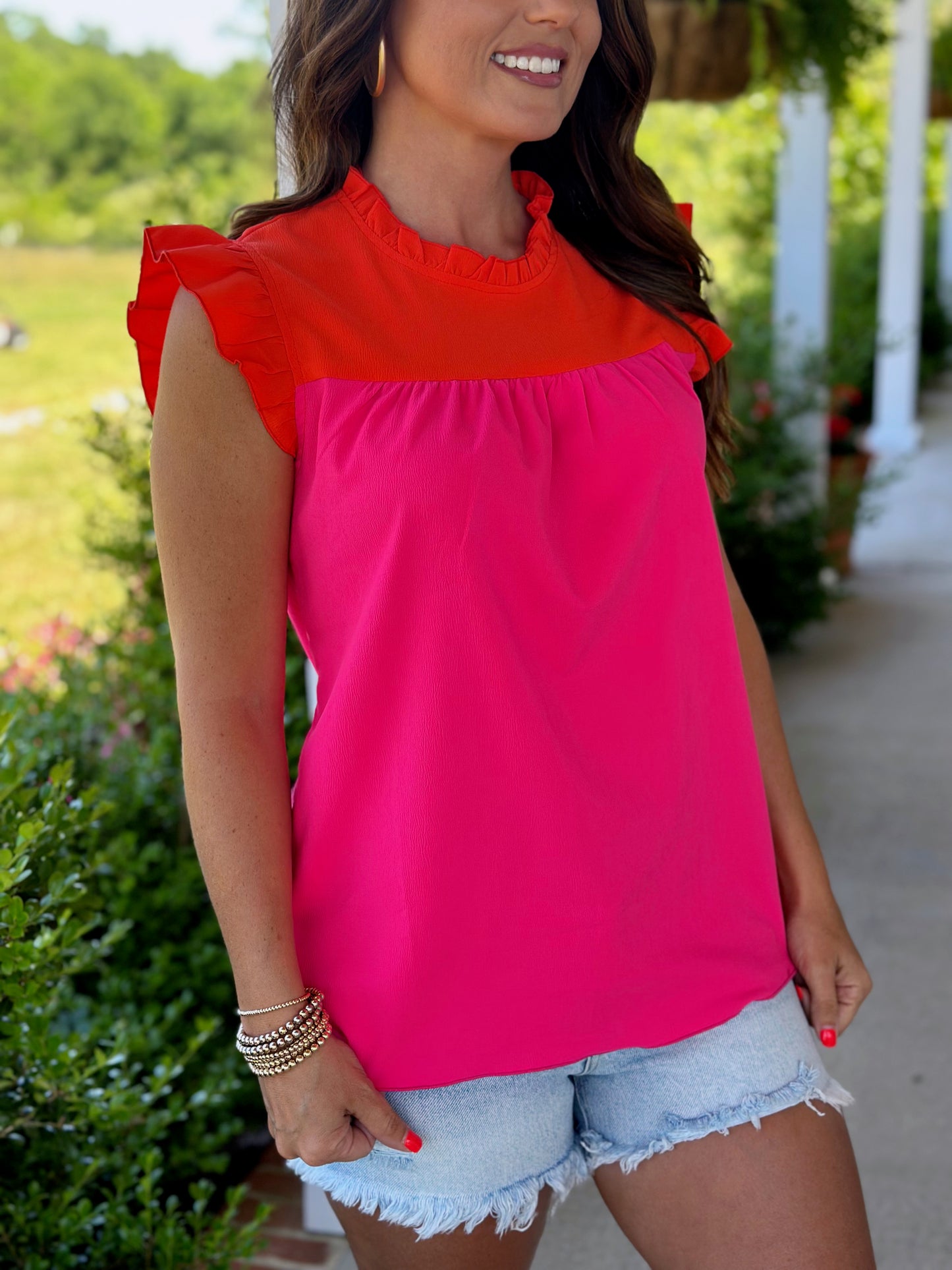 Two Toned Ruffle Trim Blouse