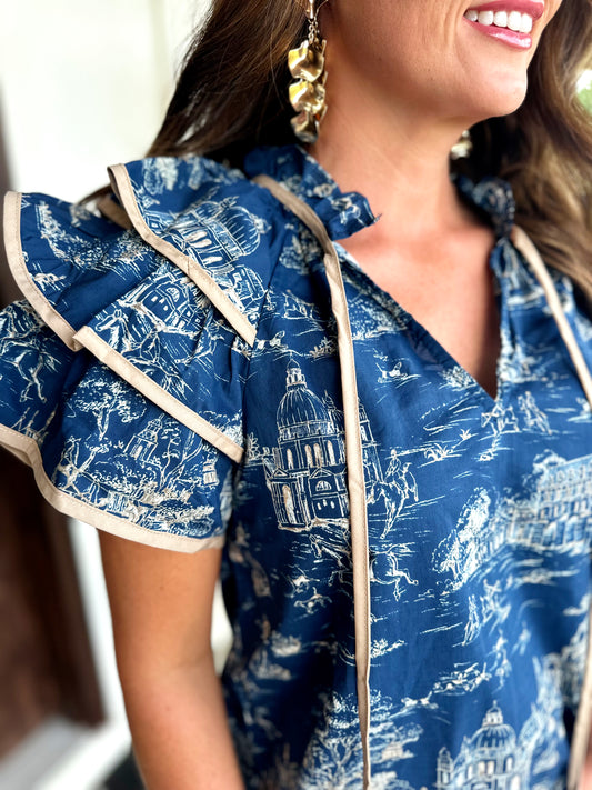 Toile Print Ruffle Top