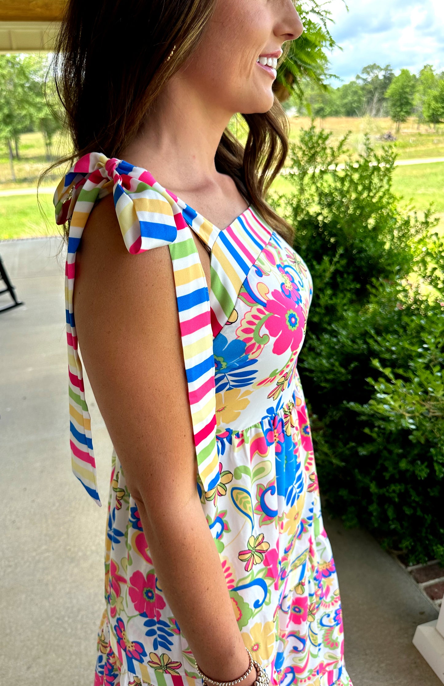Striped Trim Floral Print Maxi