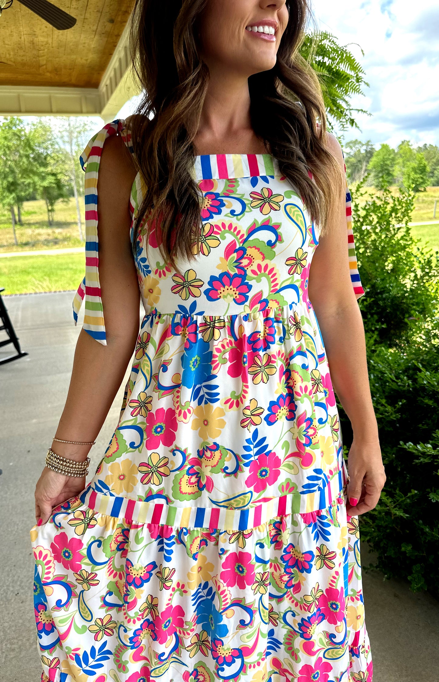 Striped Trim Floral Print Maxi