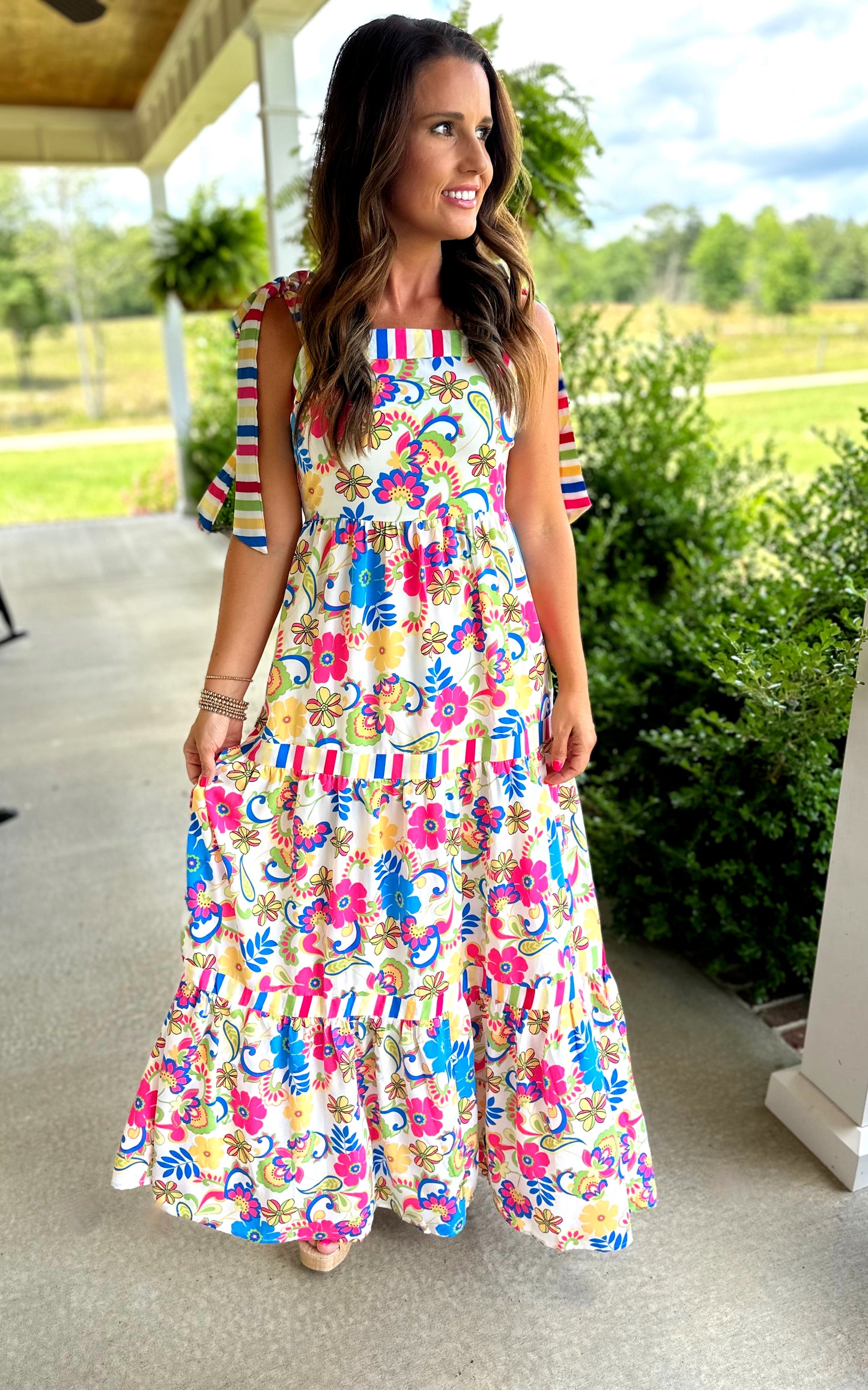 Striped Trim Floral Print Maxi