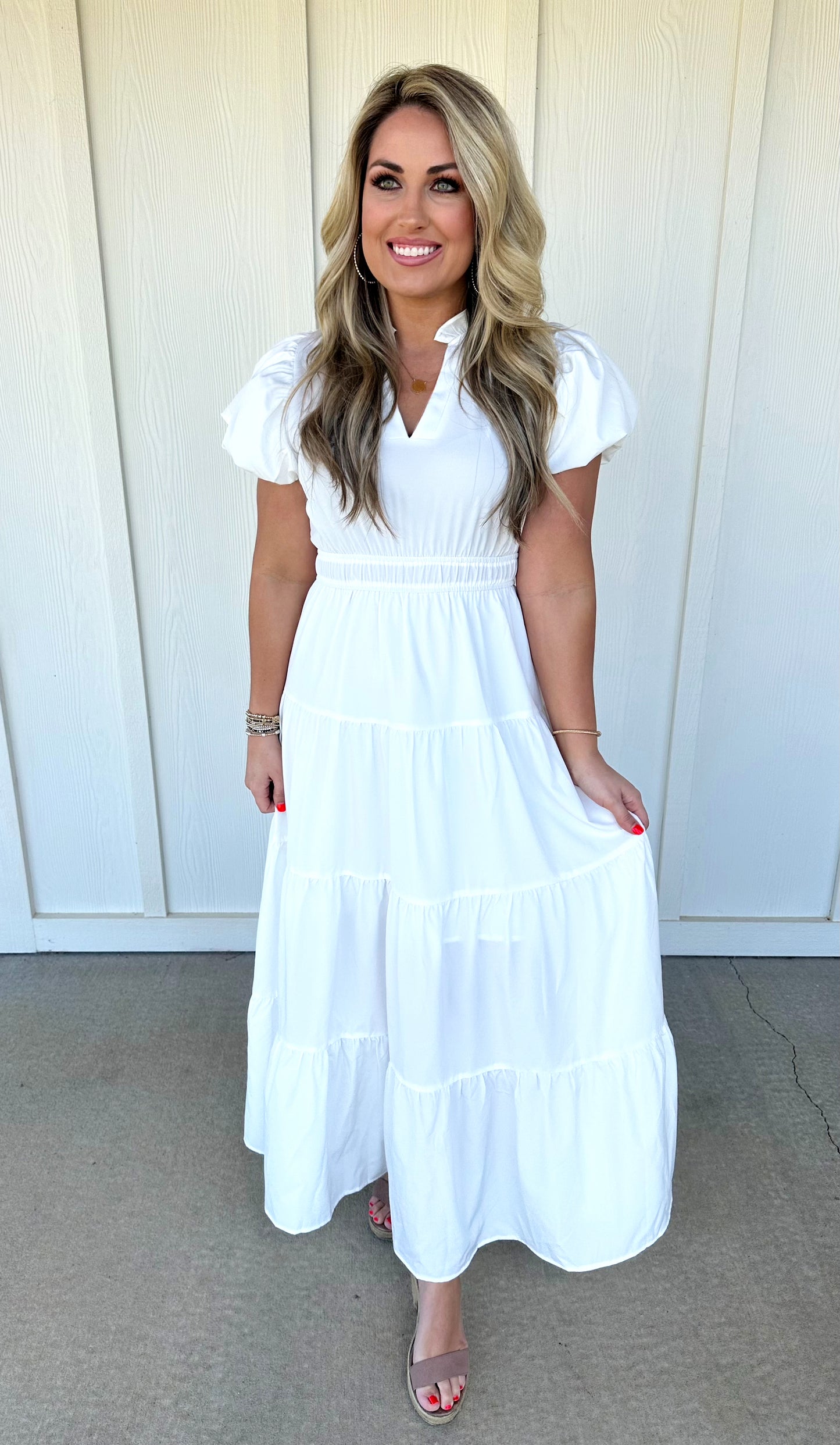 White Bubble Sleeve Dress