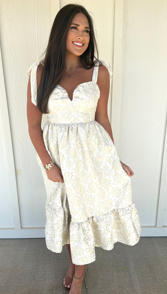 Ivory/Gold Floral Shoulder Tie Midi