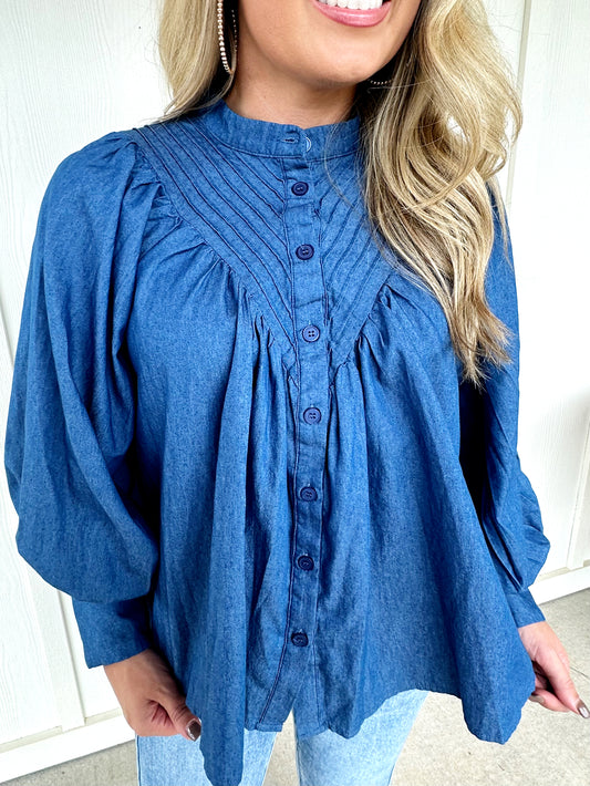 Denim Pleated Top