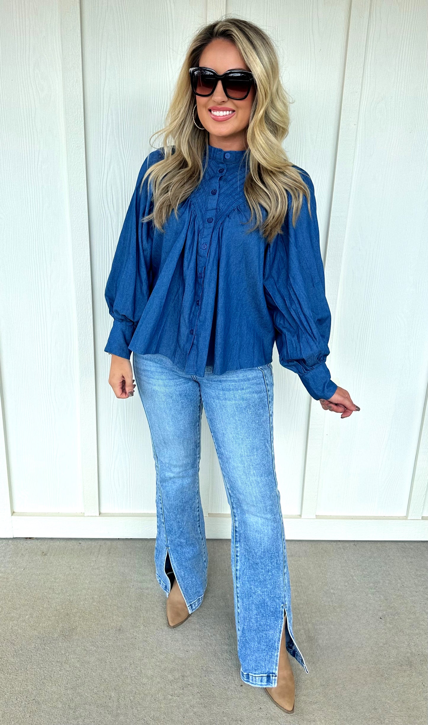 Denim Pleated Top