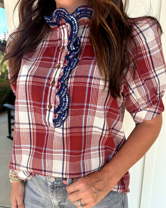 Plaid Ruffle Rust Top